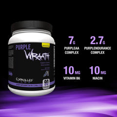 Closeup scoop of Purple Wraath with label highlighting amino acids for performance.