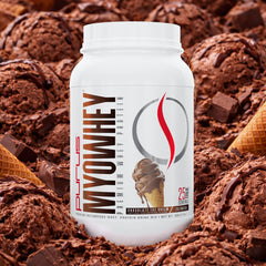 Serving cup of MyoWhey emphasizes convenient post-workout protein boost