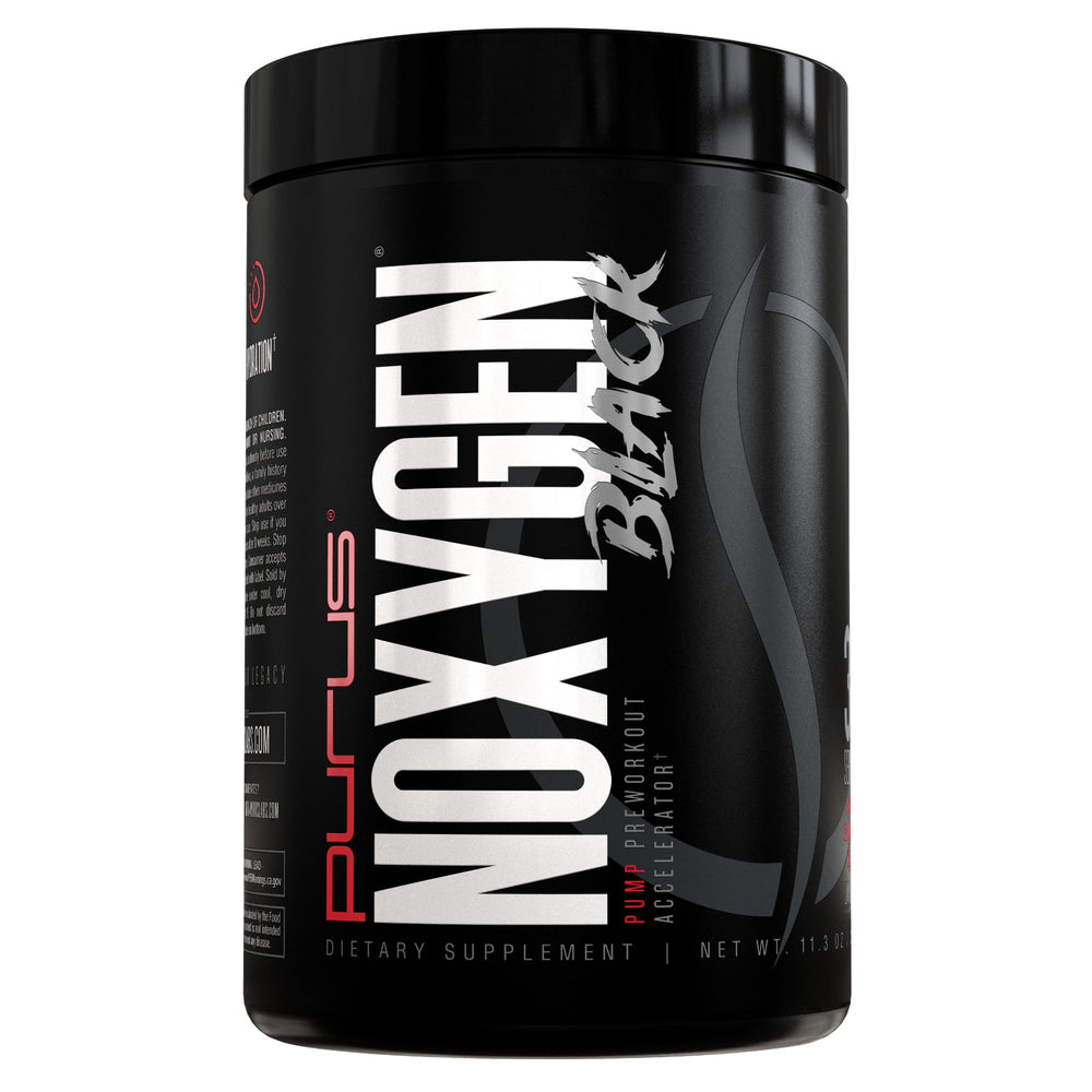 Purus Labs NOXygen Black bottle demonstrates a stimulant-free pre-workout option.