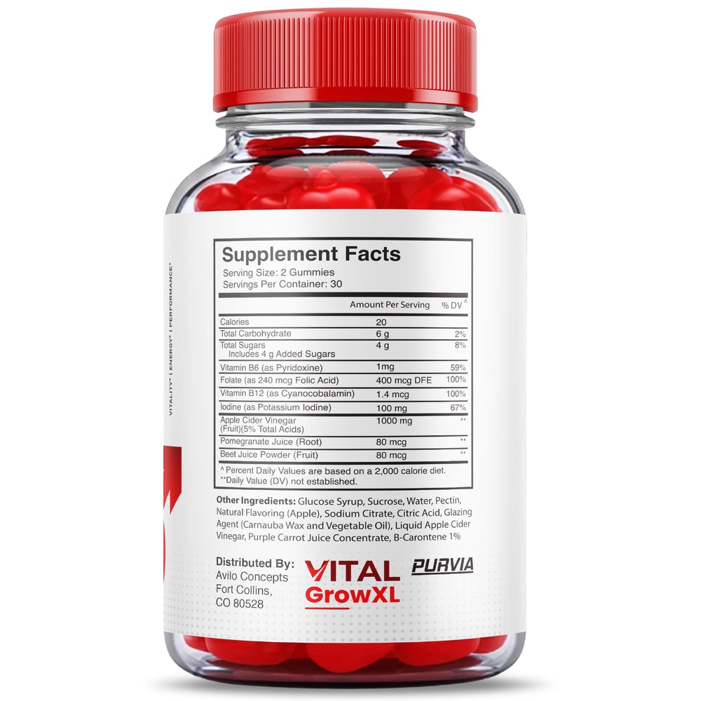 Purvia Vital Grow XL Gummies bottle back label with usage details.