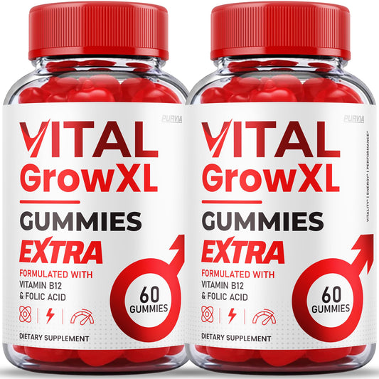 Purvia Vital Grow XL gummies bottle shows maximum strength formula for daily support.