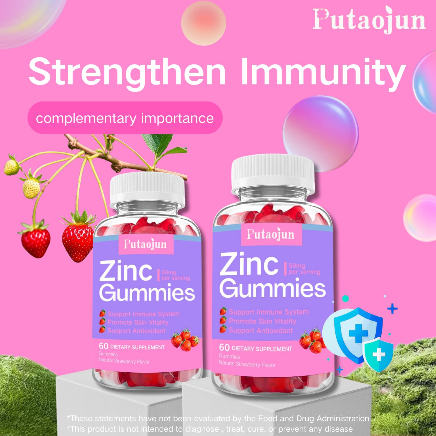Putaojun Zinc Gummies label shows zinc 50 mg and vegan formula