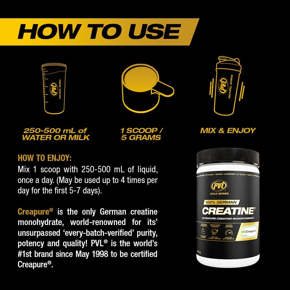 PVL Creapure powder poured into a shaker for pre-workout power