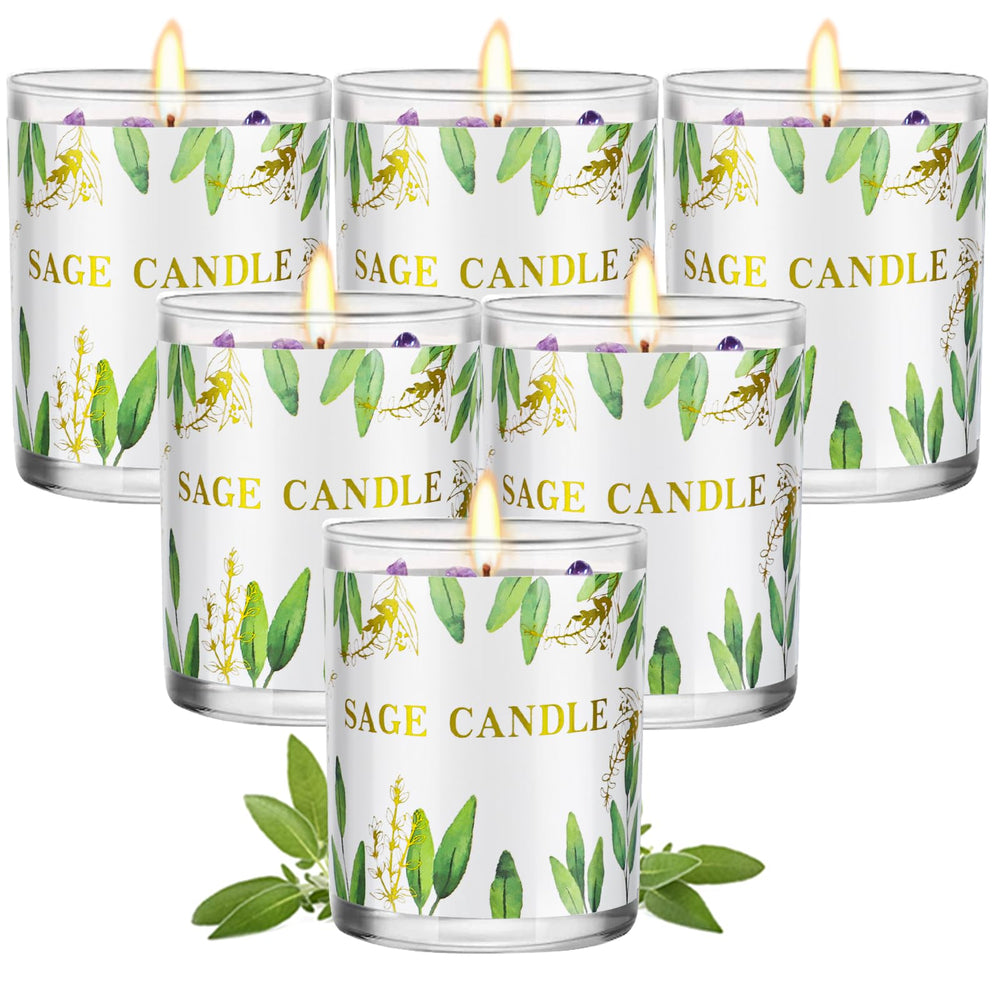 PVUELE Sage Candle Pack 6 display for calming ambiance and energy cleansing.