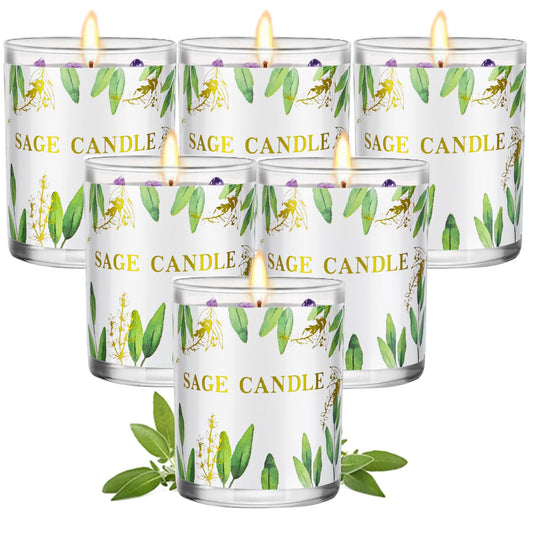 PVUELE Sage Candle Pack 6 display for calming ambiance and energy cleansing.