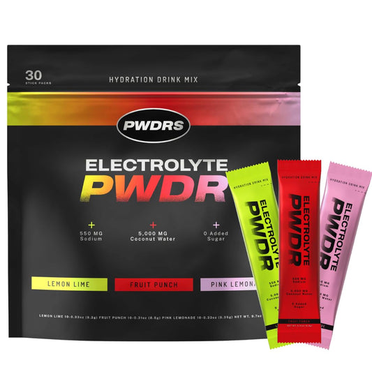 PWDRS Electrolytes packet top view for easy on-the-go hydration.