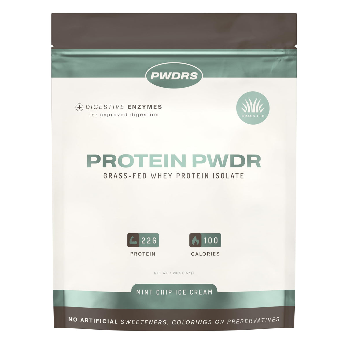 PWDRS Mint Chip whey isolate tub shows pure protein from grass-fed sources for workouts.