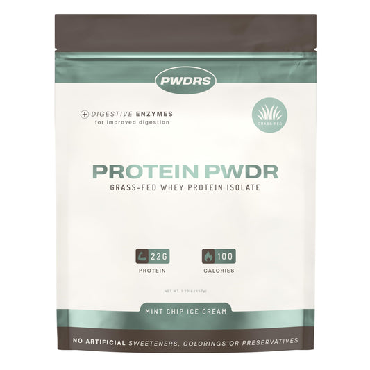 PWDRS Mint Chip whey isolate tub shows pure protein from grass-fed sources for workouts.