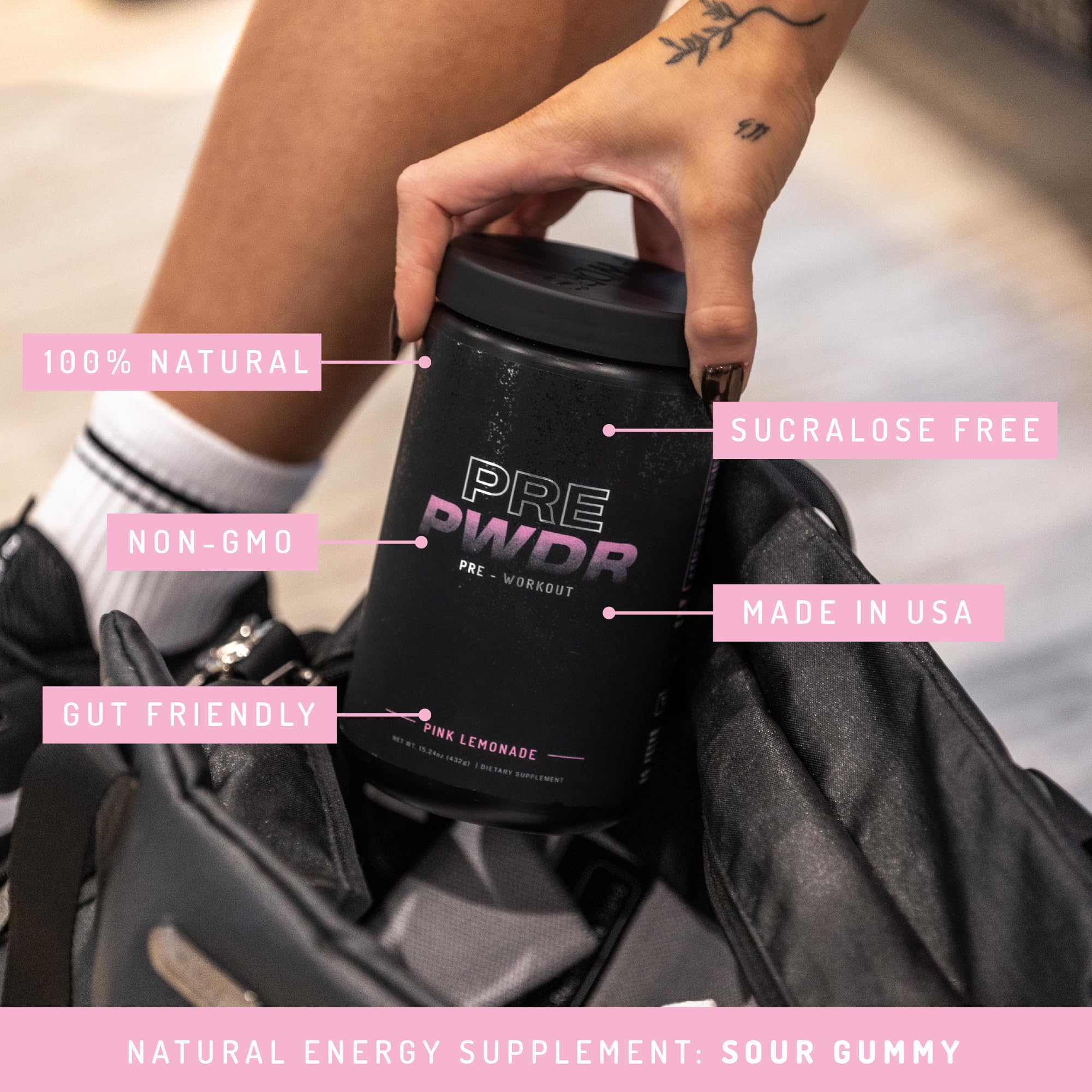 PWDRS Pre-Workout bottle pour demonstrates easy mixing and readiness.