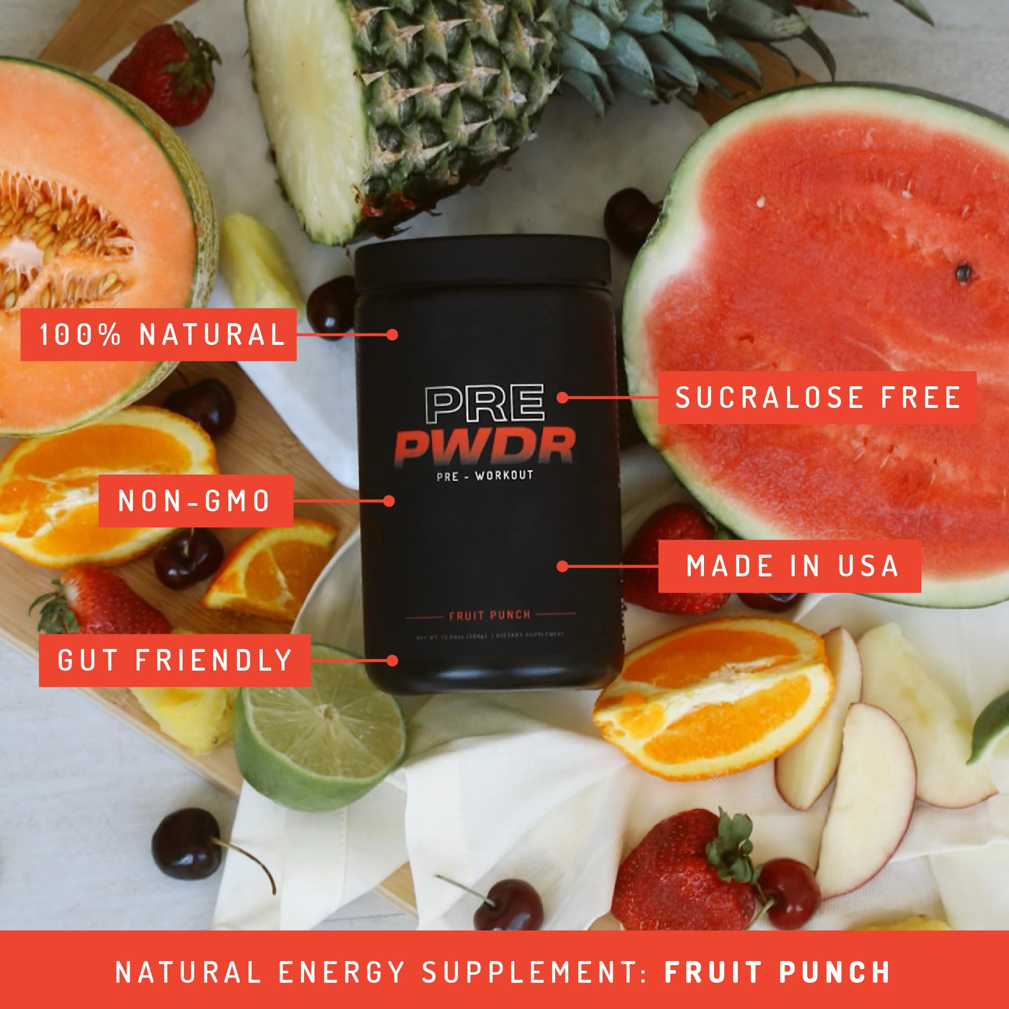 PWDRS Pre-Workout Fruit Punch glass showcases energy-boosting beverage