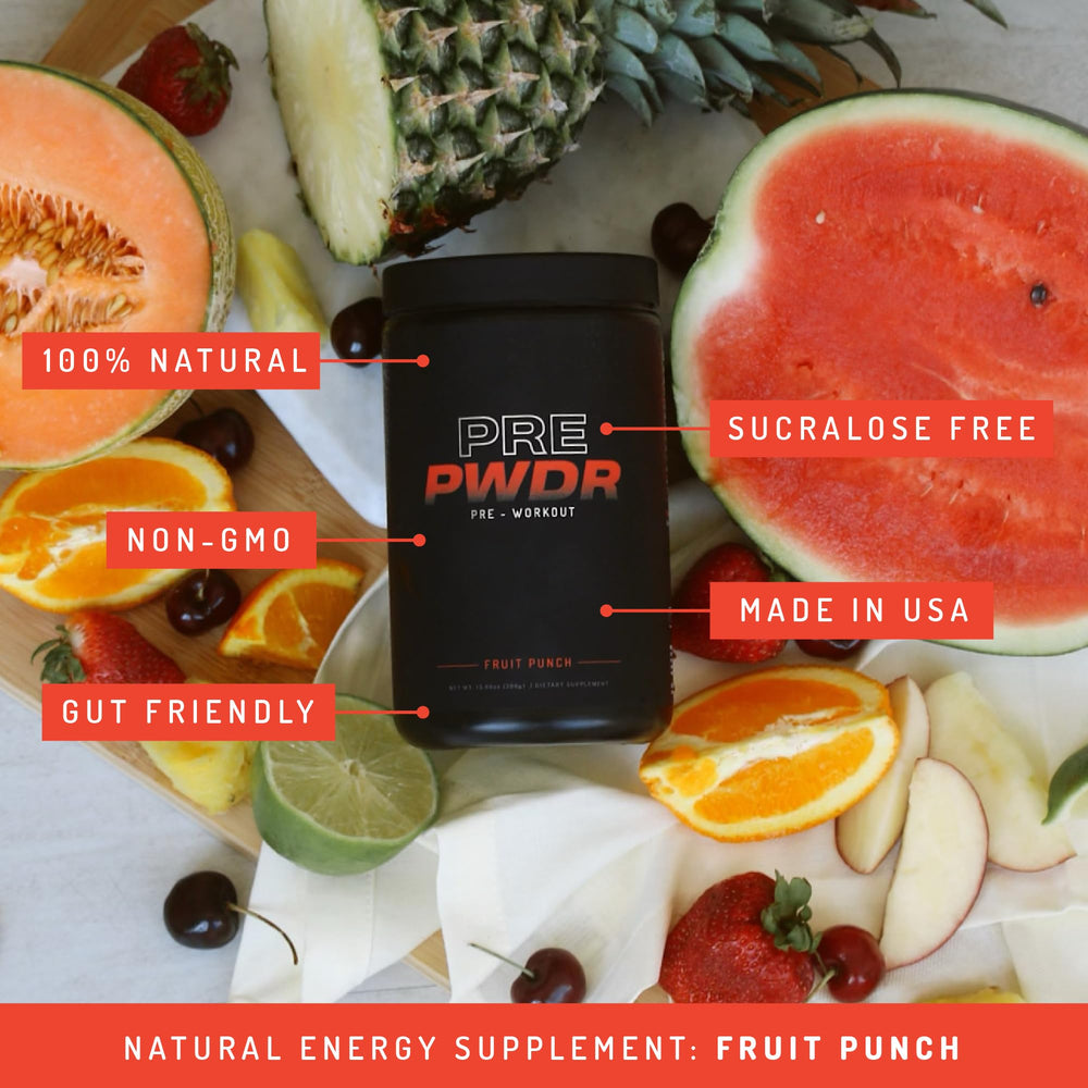 PWDRS Pre-Workout Fruit Punch glass showcases energy-boosting beverage