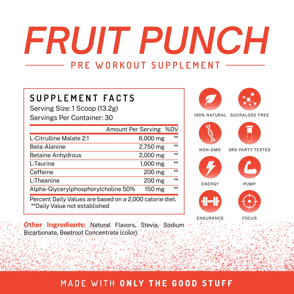 PWDRS Pre-Workout Fruit Punch label close-up highlights caffeine and vegan ingredients