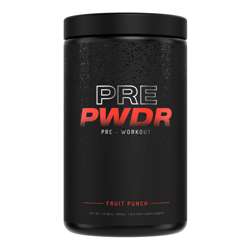 PWDRS Pre-Workout Fruit Punch tub shows natural energy blend for workouts