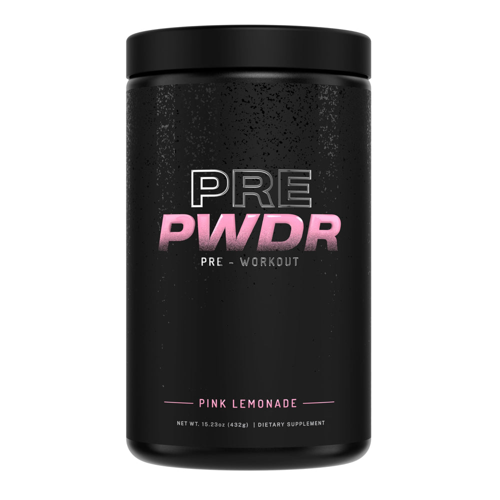 PWDRS Pre-Workout Pink Lemonade bottle boosts focus and energy for workouts.