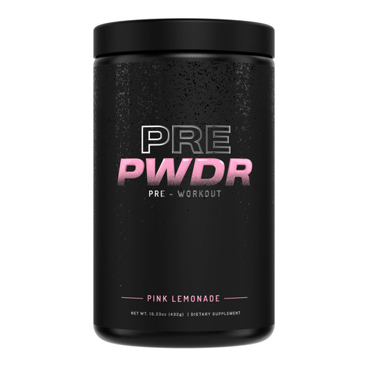 PWDRS Pre-Workout Pink Lemonade bottle boosts focus and energy for workouts.