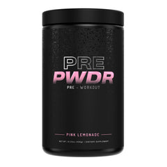 PWDRS Pre-Workout Pink Lemonade bottle boosts focus and energy for workouts.