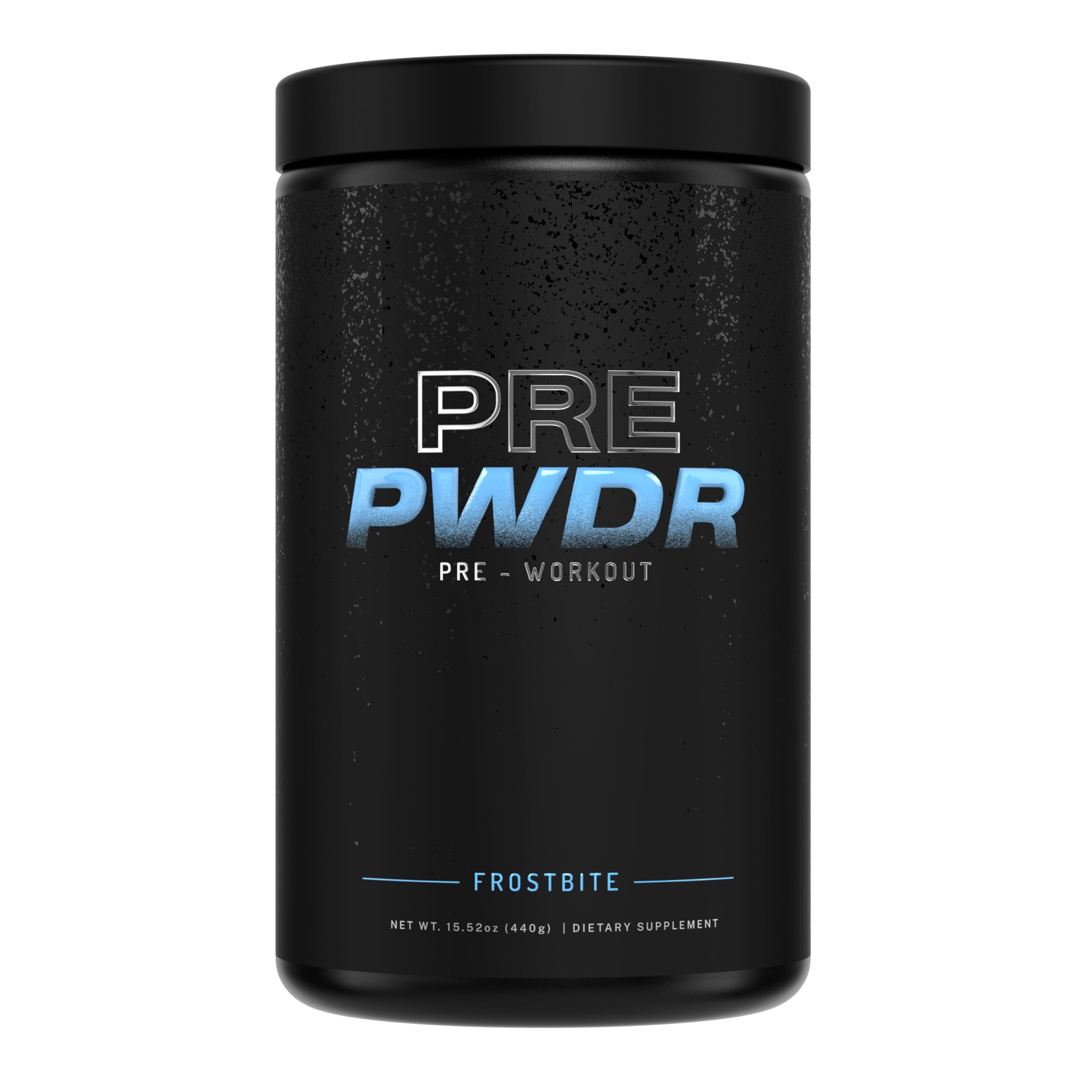 PWDRS Pre-Workout Frostbite tub front showing natural energy potential