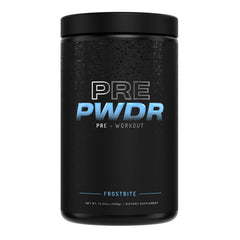 PWDRS Pre-Workout Frostbite tub front showing natural energy potential