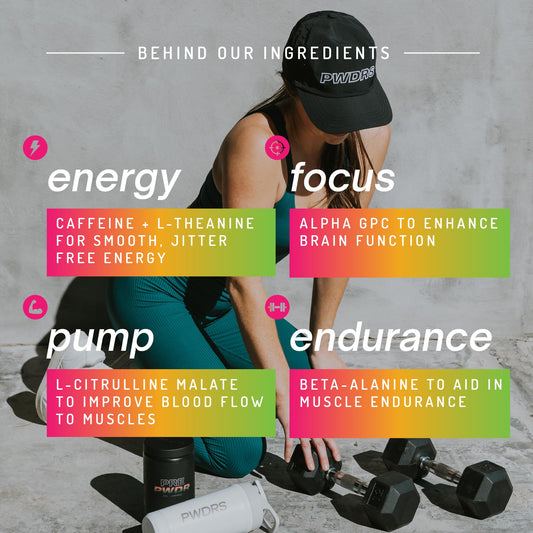 PWDRS Pre-Workout scoop in water shows quick dissolving energy and focus.