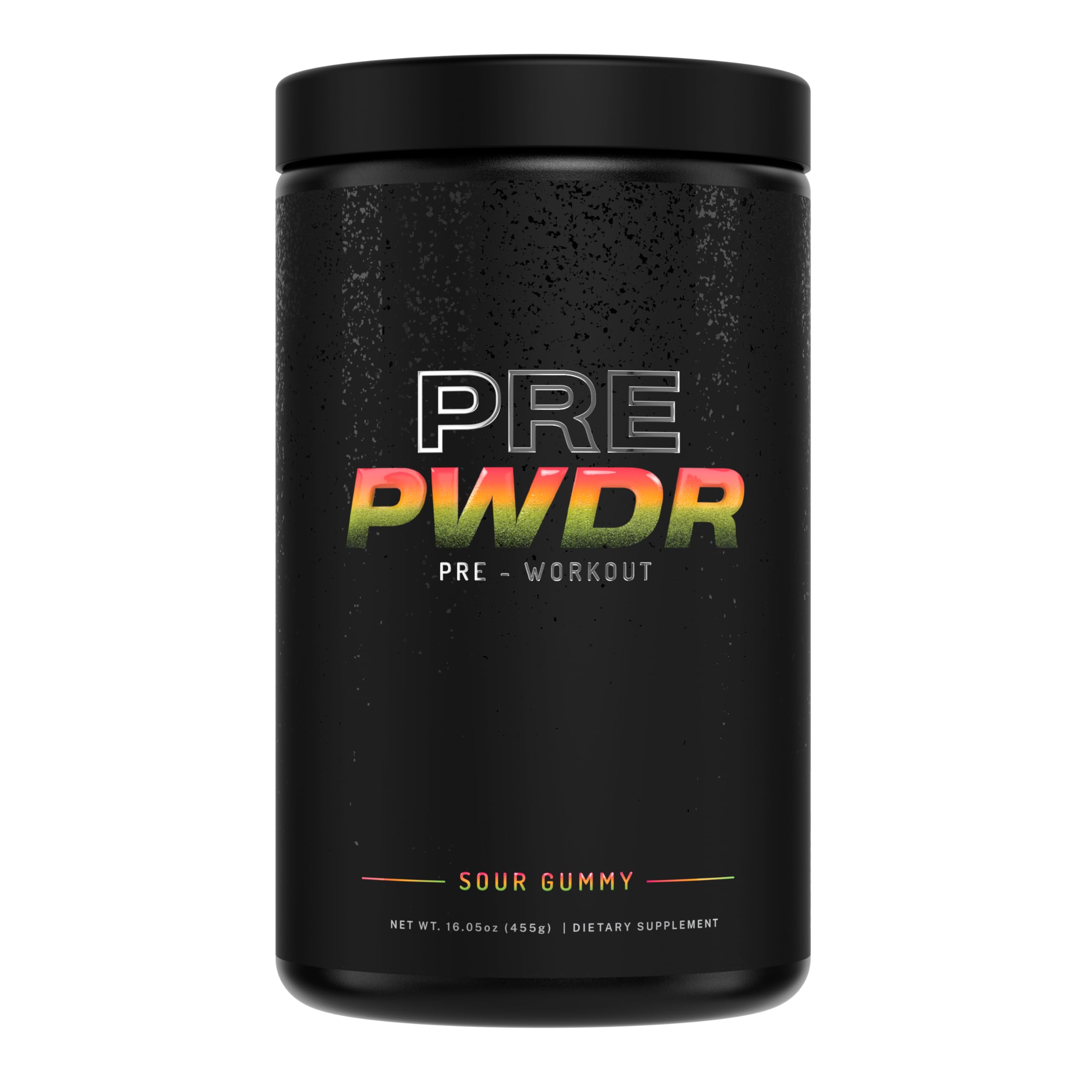 PWDRS Pre-Workout tub highlights all-natural ingredients for clean energy and endurance.