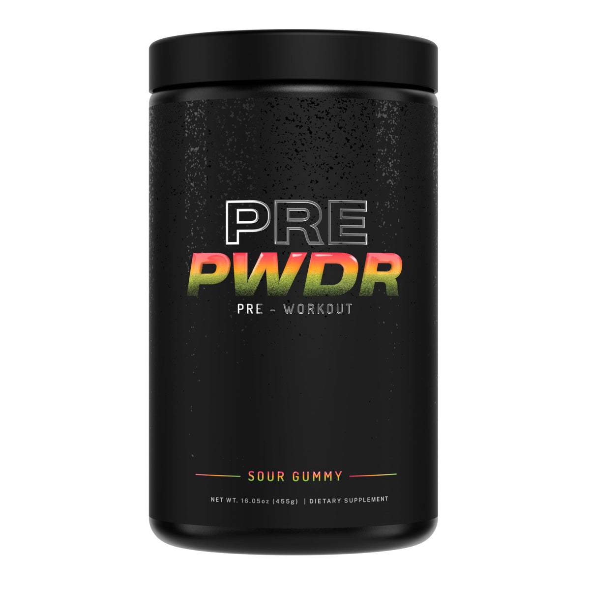 PWDRS Pre-Workout tub highlights all-natural ingredients for clean energy and endurance.