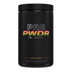 PWDRS Pre-Workout tub highlights all-natural ingredients for clean energy and endurance.