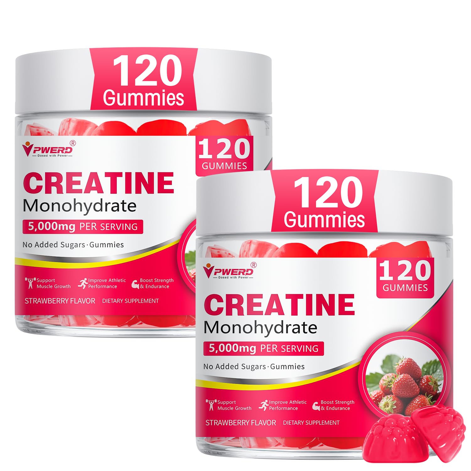 PWERD creatine gummies strawberry bottle for daily energy support.