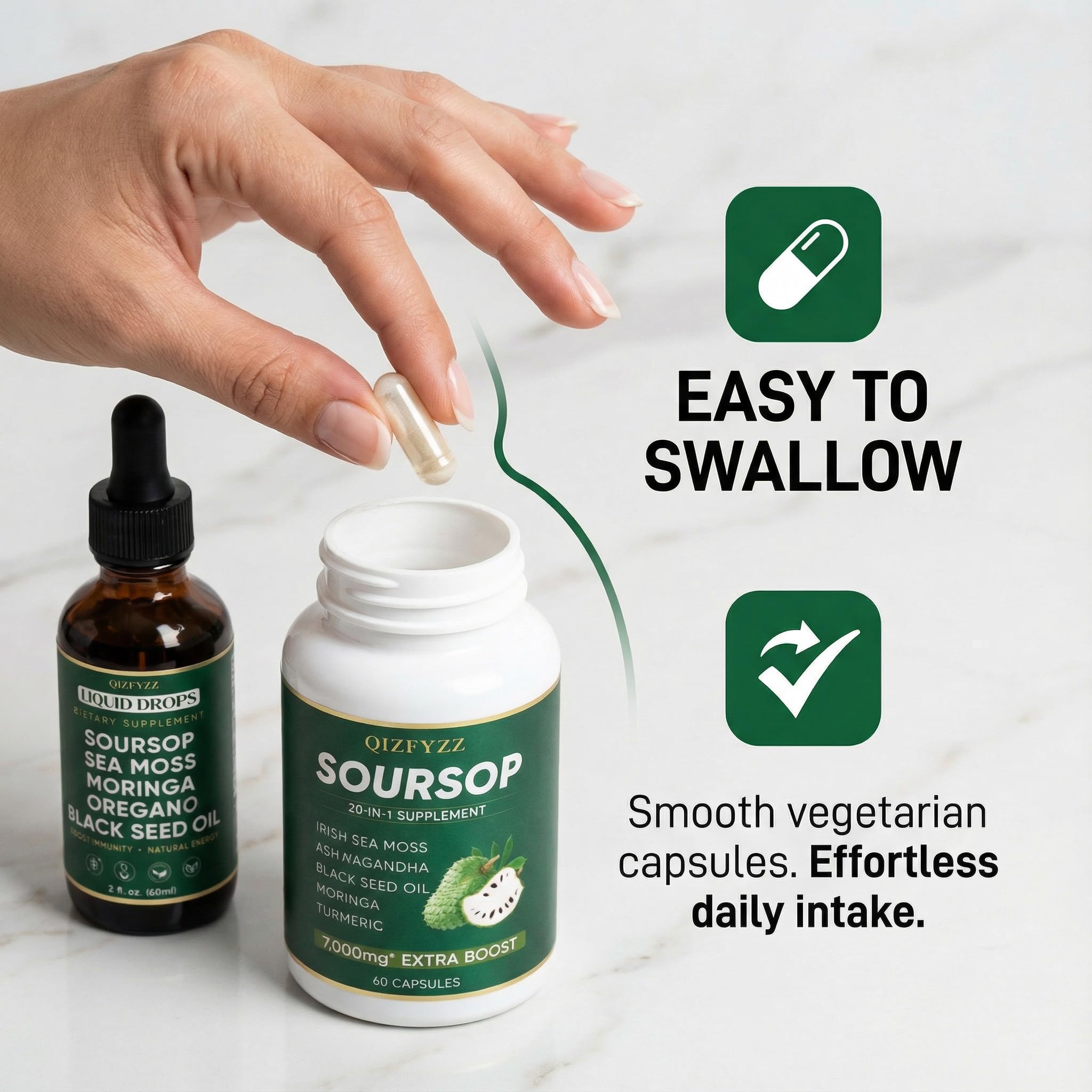 Digestive balance lifestyle scene featuring Pwkvsn QIZFYZZ products.