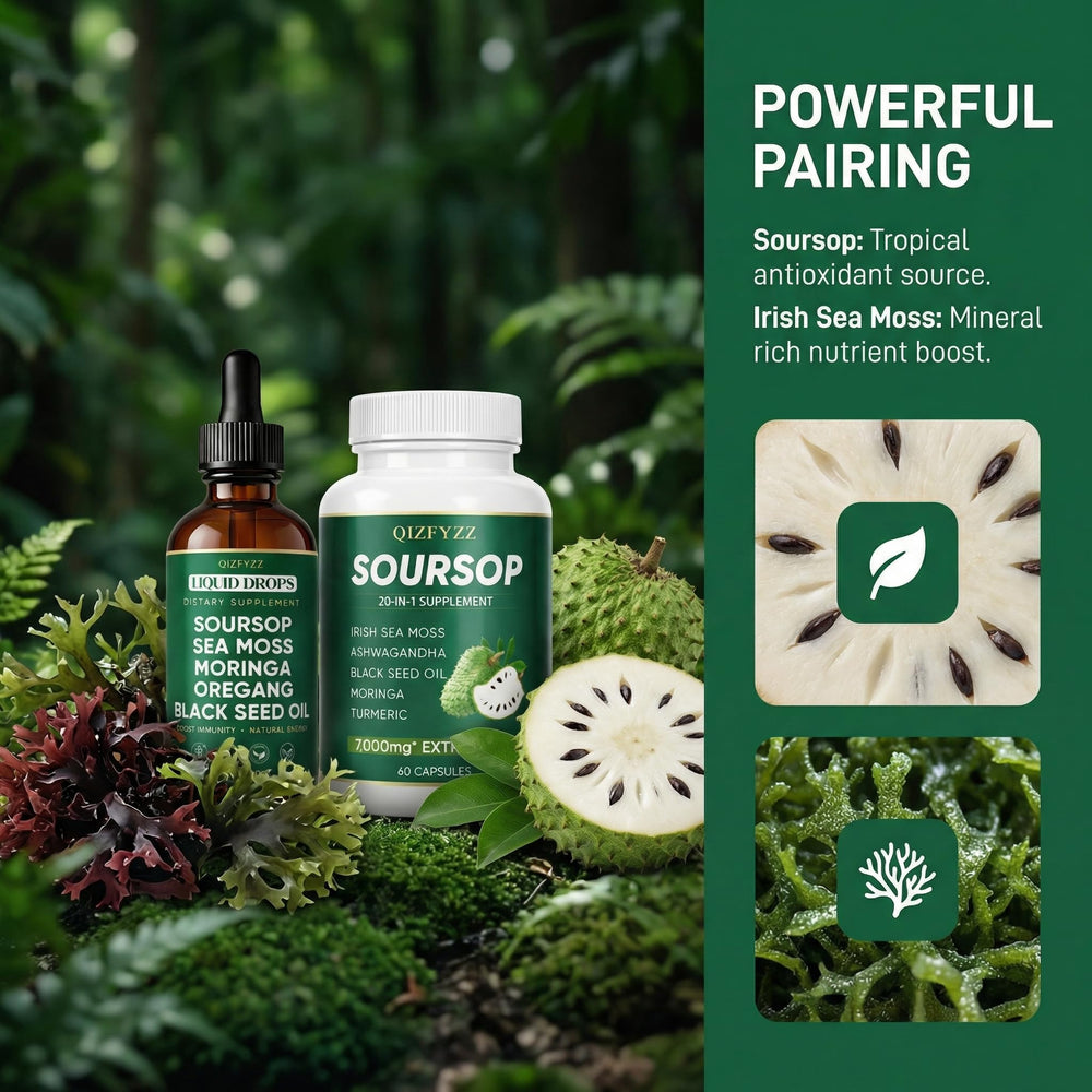 Close-up of QIZFYZZ soursop liquid drops highlighting a potent extract.