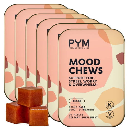 PYM Berry Mood Chews bottle close-up showing vegan mood support for stress relief