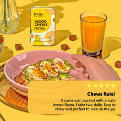 PYM Citrus Mood Chews texture close-up highlights chewy citrus bite.