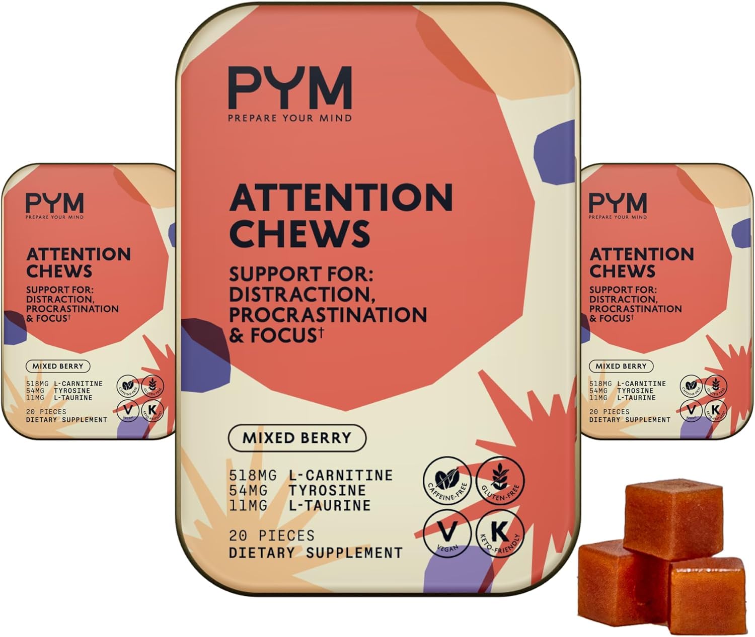 PYM Health Attention Chews bottle shows caffeine-free focus support for study and work