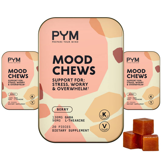 PYM Berry Mood Chews bottle promotes daily mood support with a berry flavor.