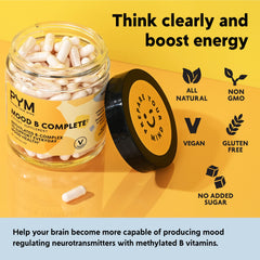 Label of PYM methylated B vitamins emphasizing quick uptake and cofactors.