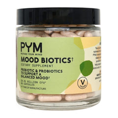 PYM Health Mood Biotics bottle close-up supporting gut-brain wellness