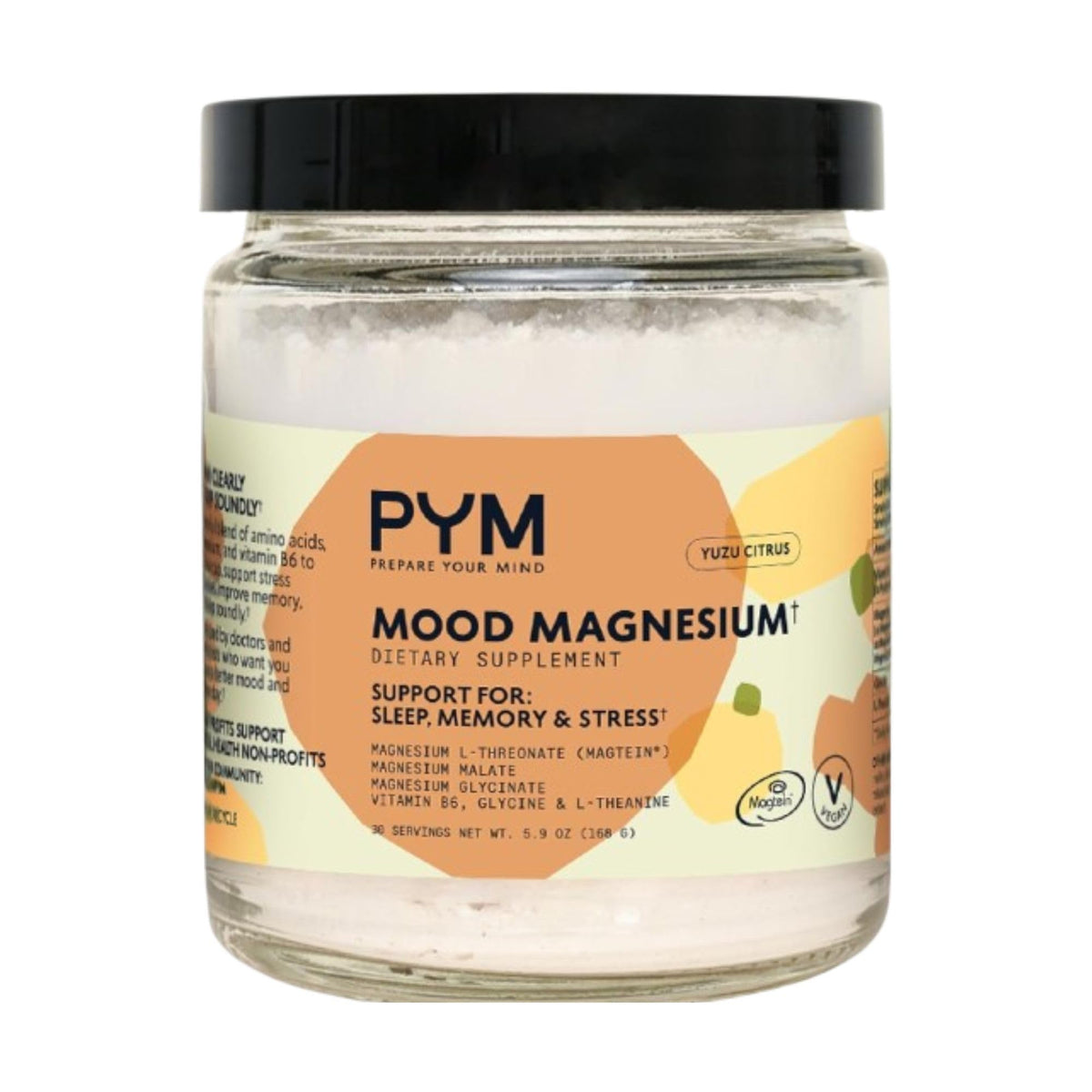 PYM Mood Magnesium powder bottle showing vegan, gluten-free blend for daily calm