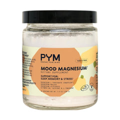 PYM Mood Magnesium powder bottle showing vegan, gluten-free blend for daily calm
