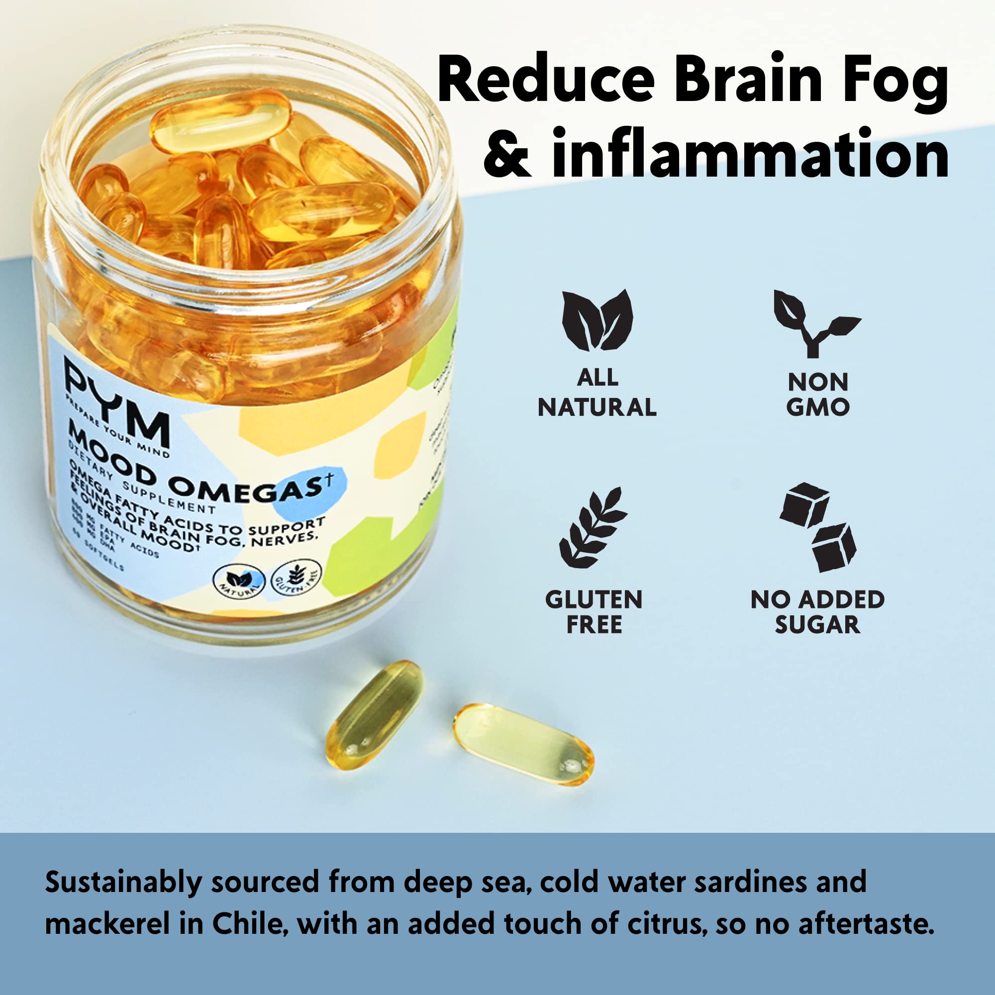PYM Omega-3 bottle label indicating non-GMO and gluten-free features