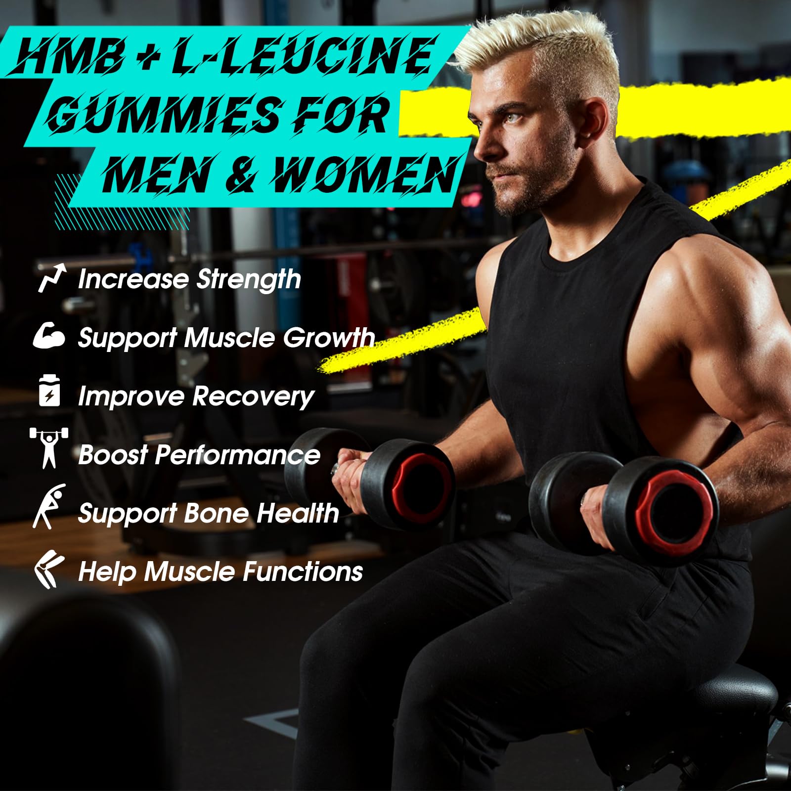 Ingredients panel shows L-Leucine, HMB, D3, and magnesium for support