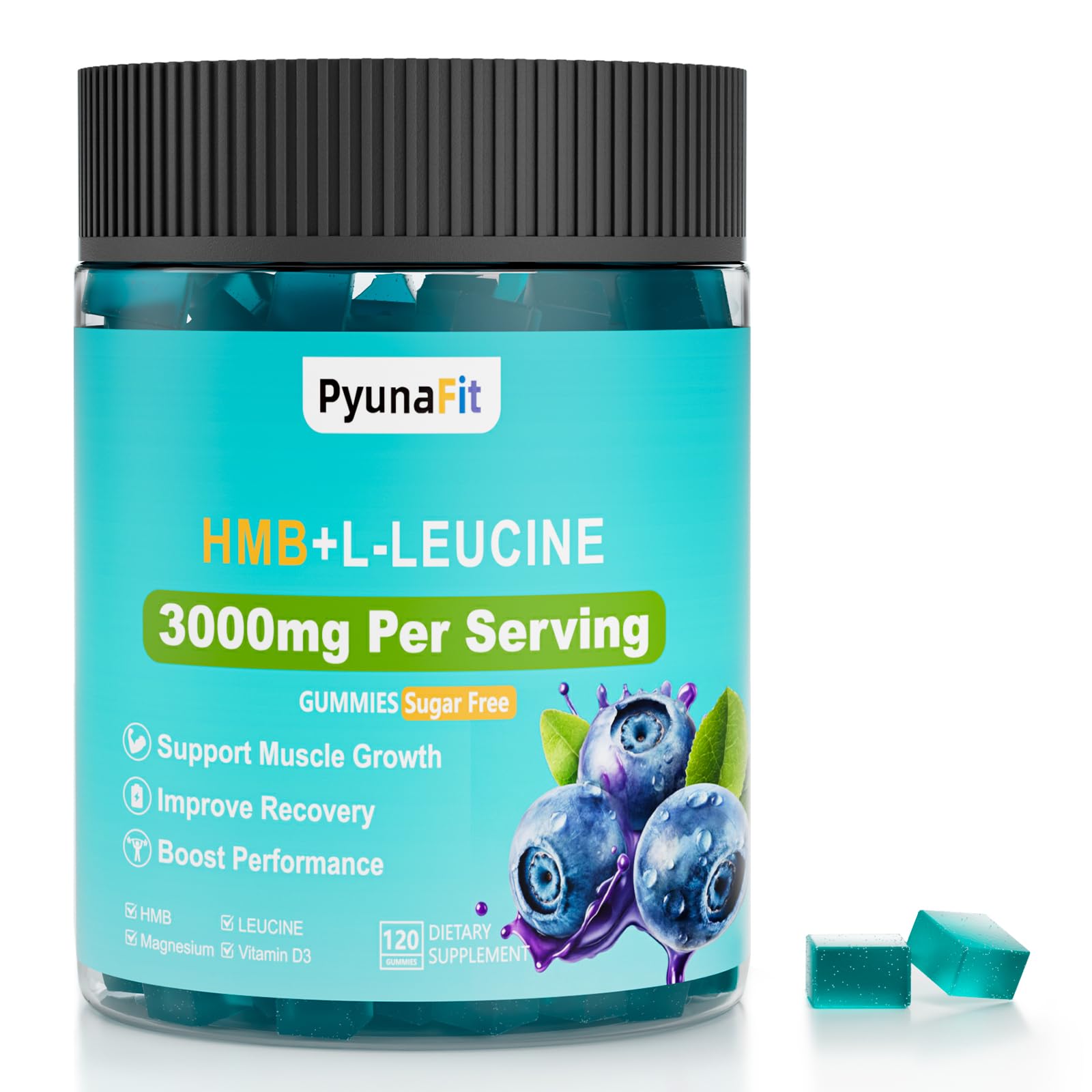 PYUNAFIT HMB Leucine gummies label highlighting 4-in-1 formula for athletes