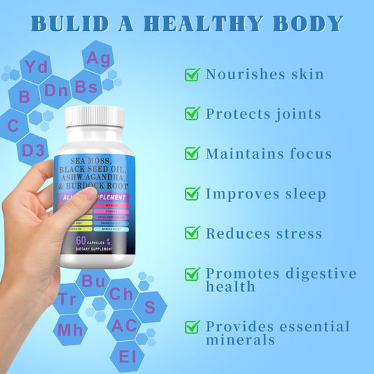 Pyzor Sea Moss bottle side label shows key nutrients for daily support.