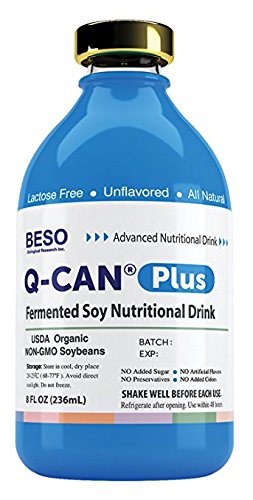 Q-CAN Plus Fermented Soy Beverage Original pour illustrating quick nutrition in glass