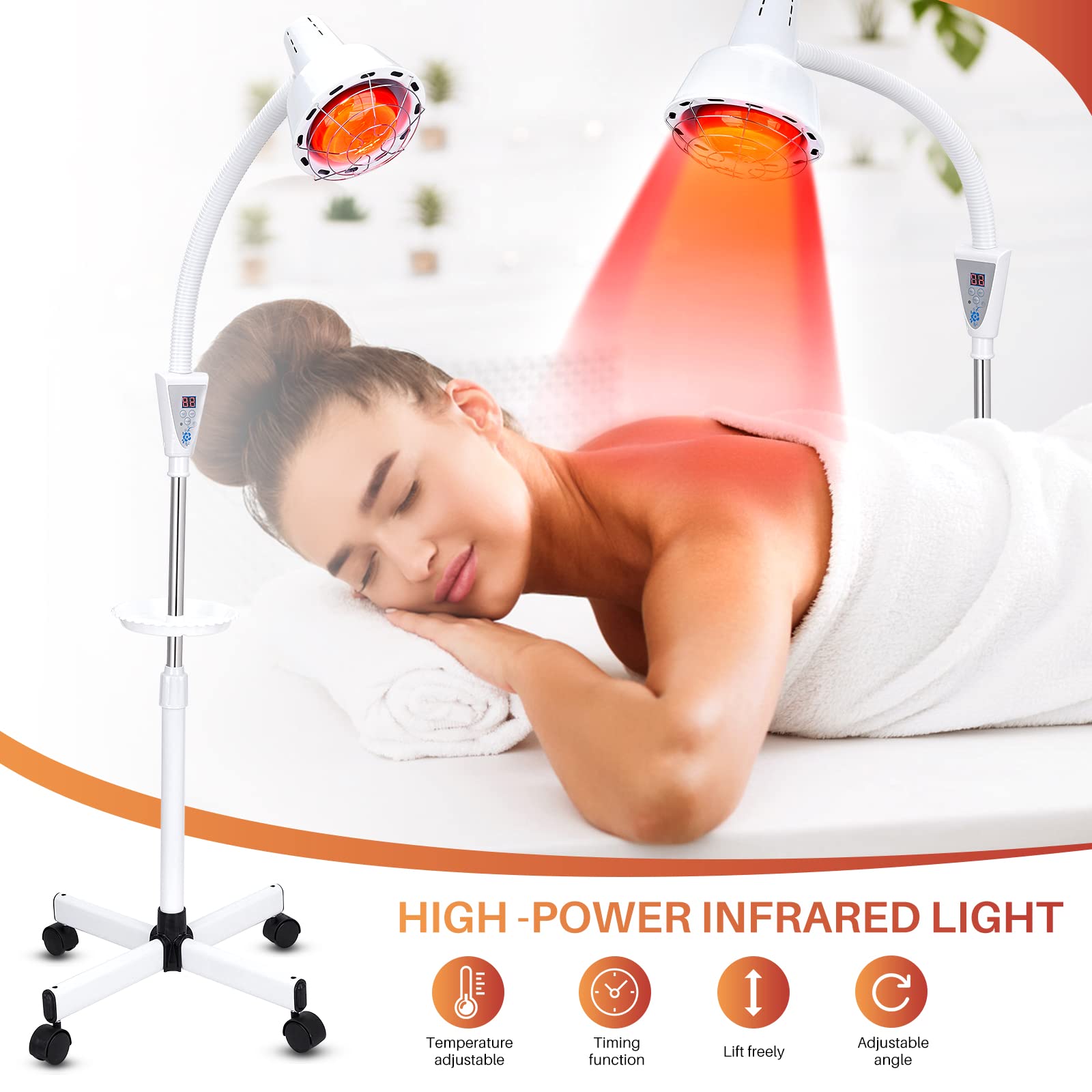 QAIHOE infrared therapy lamp side view highlighting adjustable arms for flexible positioning