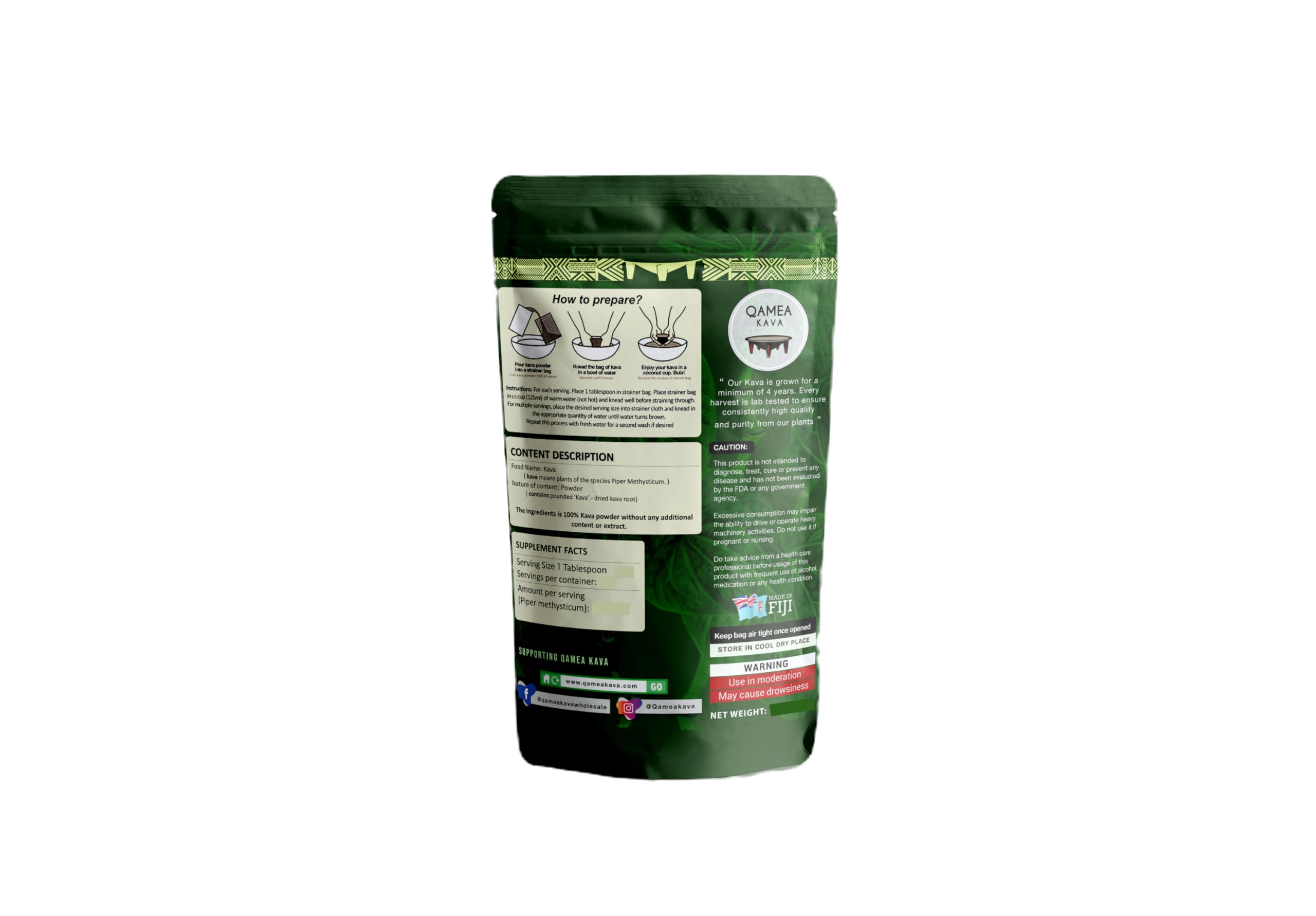 Qamea Kava Noble Root powder pour for calming evening ritual.
