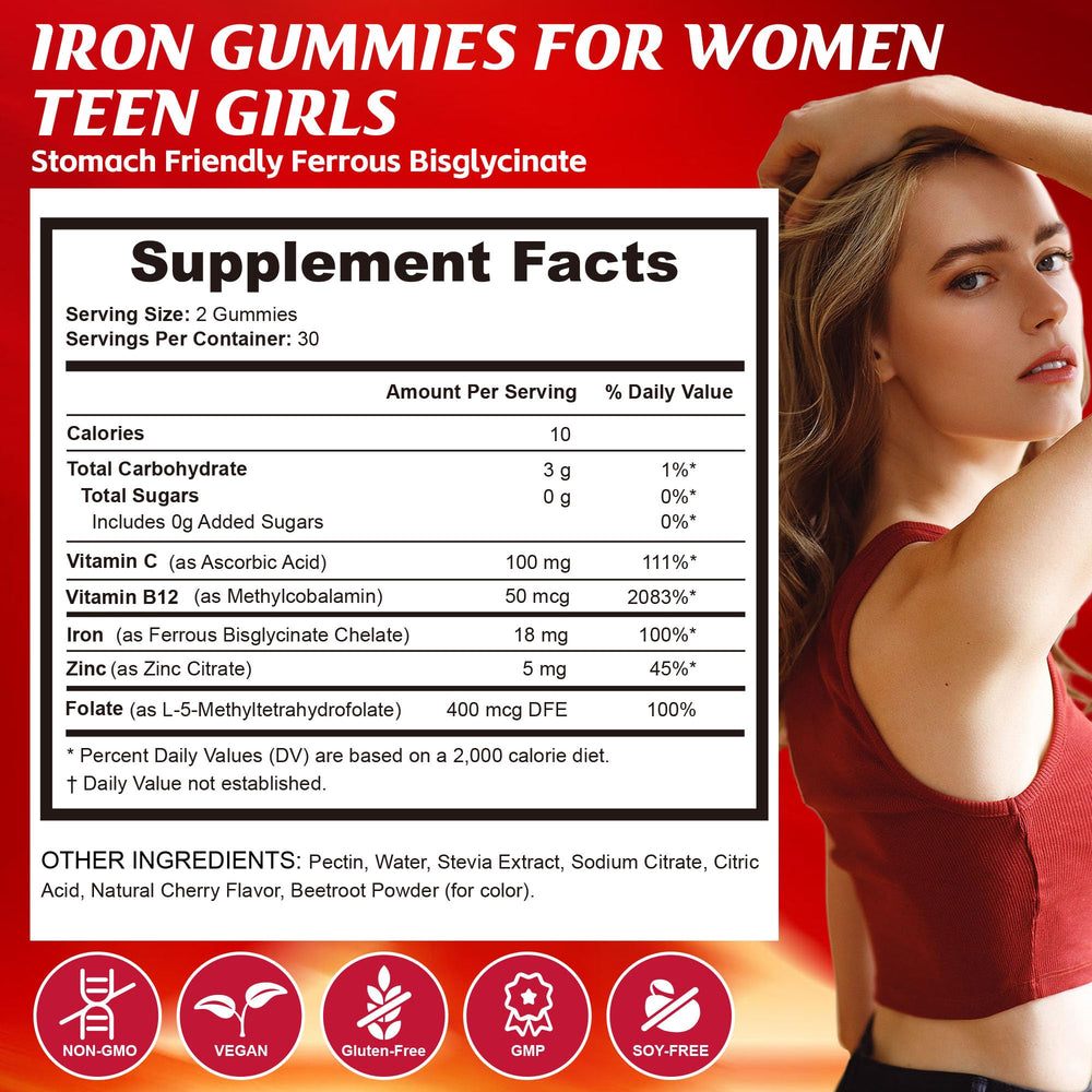 Q'ankyaq iron gummies strawberry close-up highlighting tasty daily supplement.