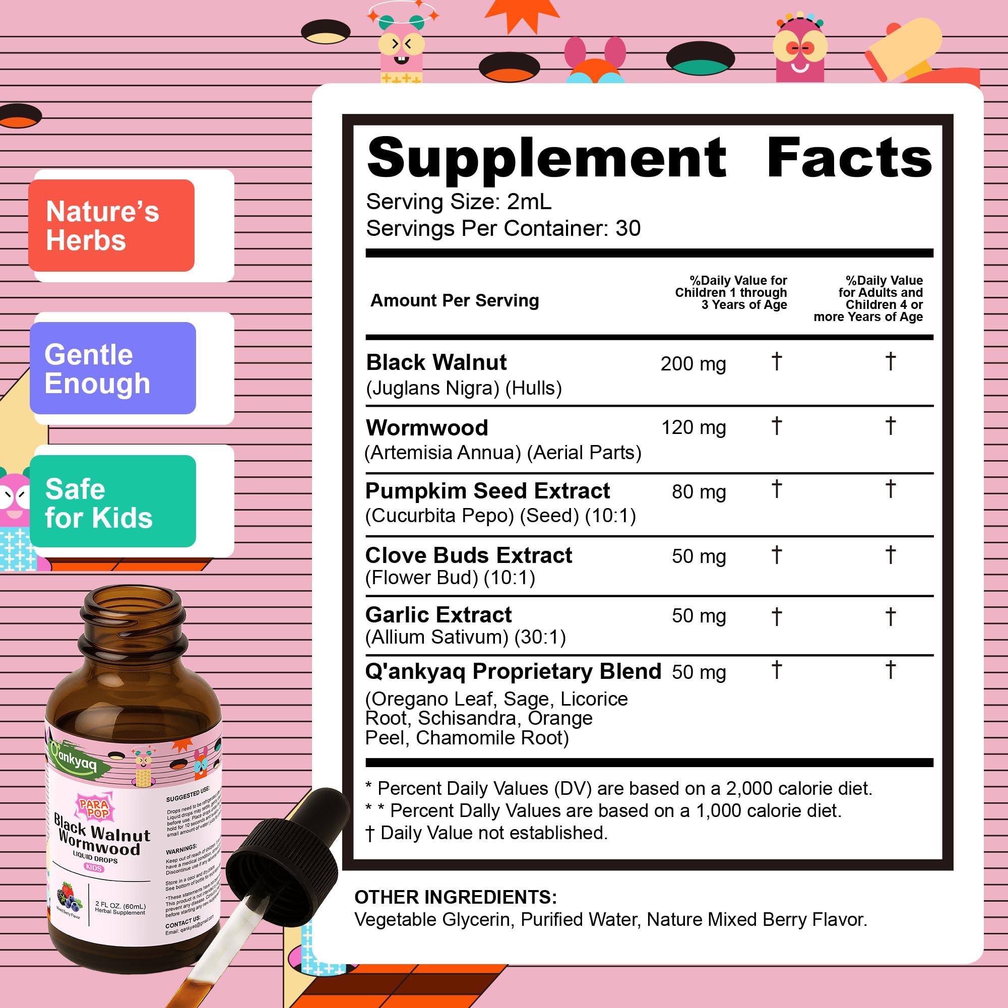 Q'ankyaq Kid Detox drops in water for easy mixing and daily use.
