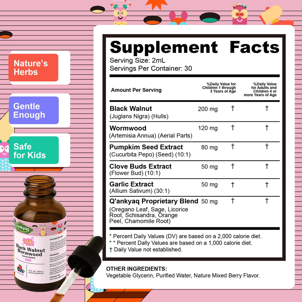 Q'ankyaq Kid Detox drops in water for easy mixing and daily use.