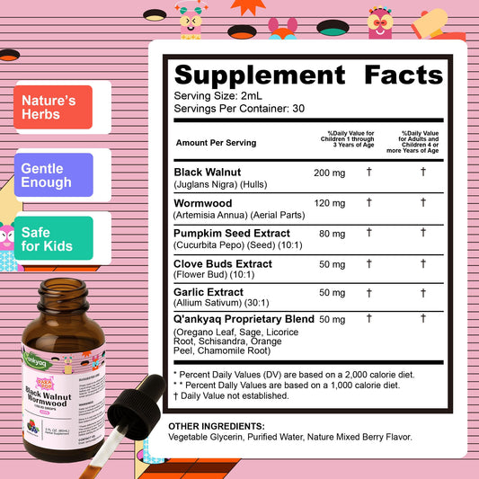 Q'ankyaq Kid Detox drops in water for easy mixing and daily use.