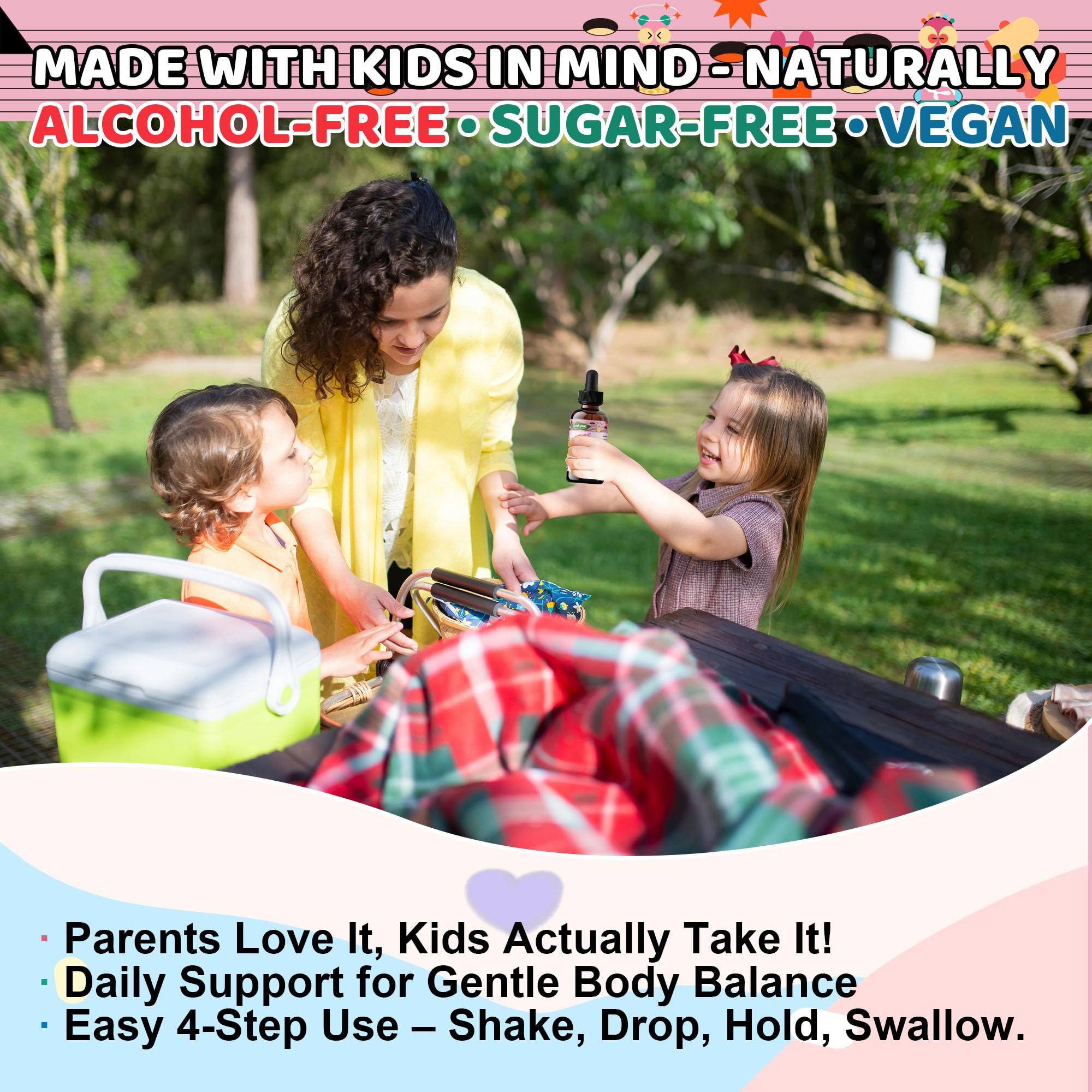 Q'ankyaq Kid Detox taste-test visual shows easy administration for families.