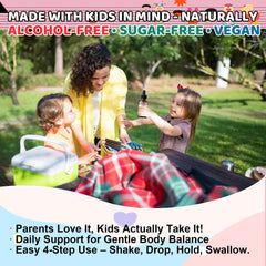 Q'ankyaq Kid Detox taste-test visual shows easy administration for families.